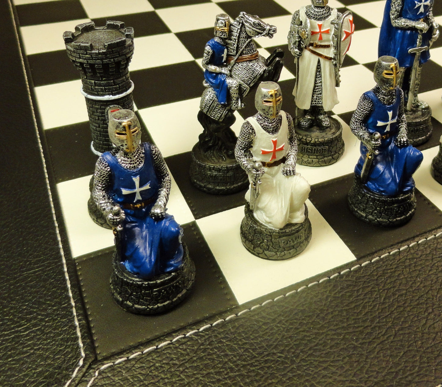 Medieval Times Crusades BLUE & WHITE Maltese Knight Chess Set Faux Leather Board