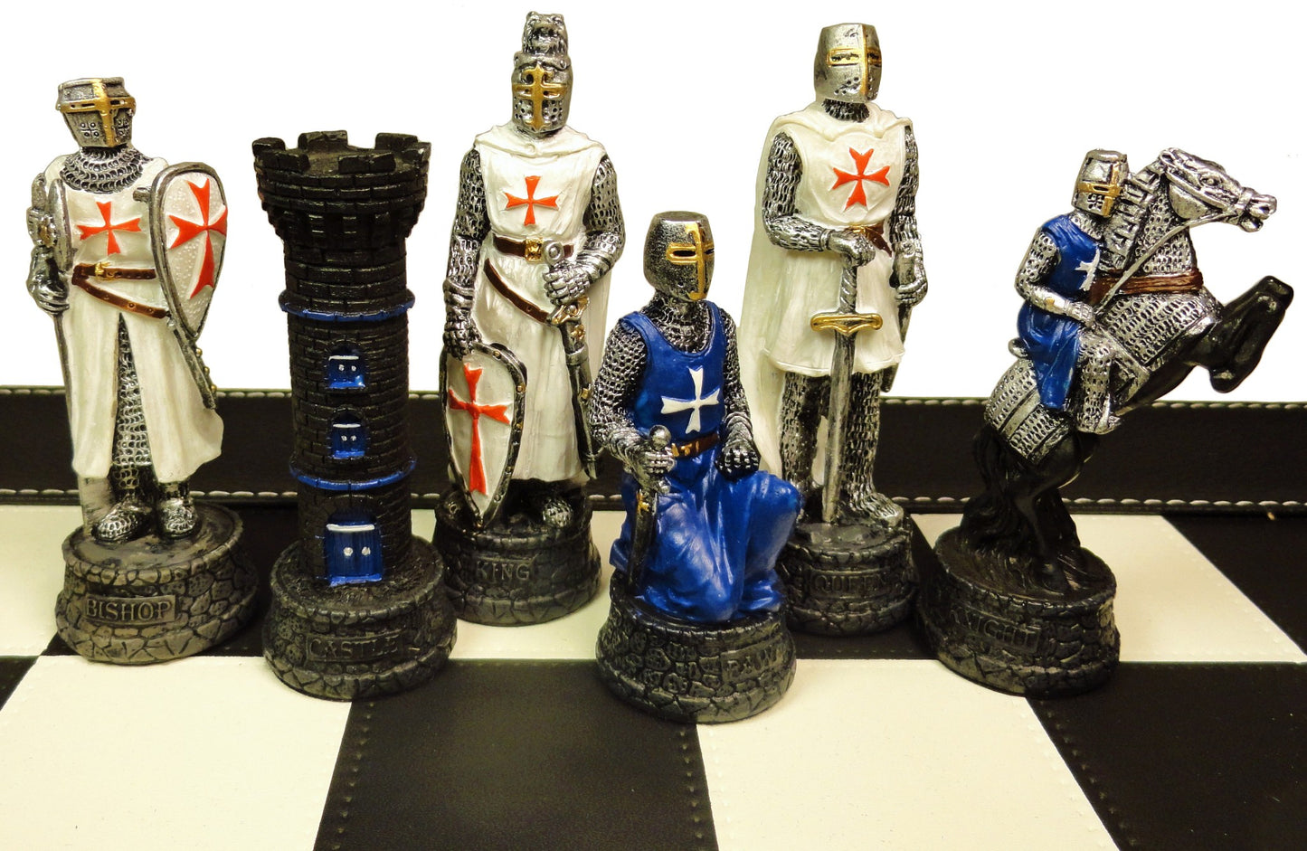 Medieval Times Crusades BLUE & WHITE Maltese Knight Chess Set Faux Leather Board