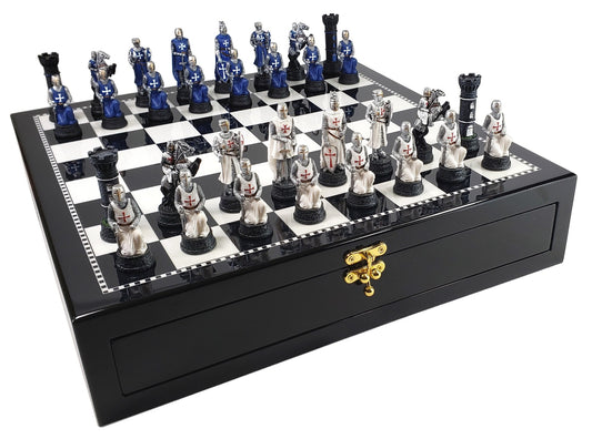 Medieval Times Crusades BLUE & WHITE Maltese Chess Set Black White Storage Board