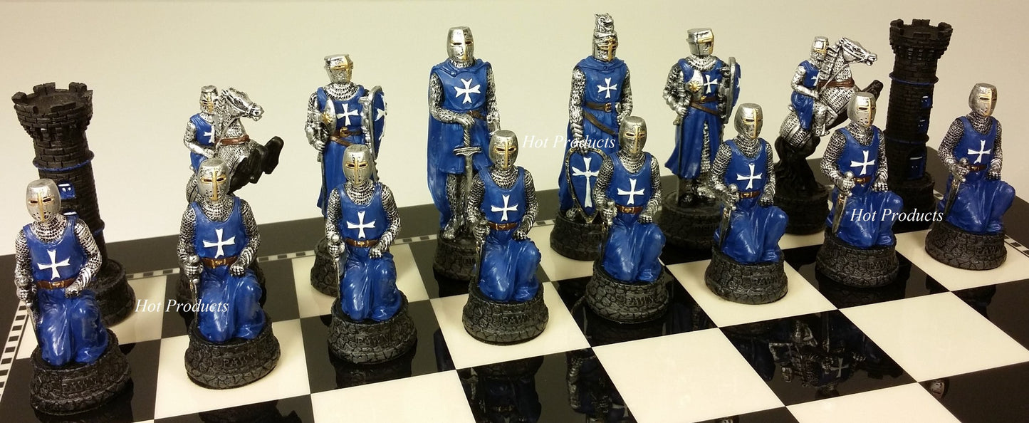 Medieval Times Crusade BLUE WHITE Maltese Knight CHESS SET 15" BLACK WHITE Board