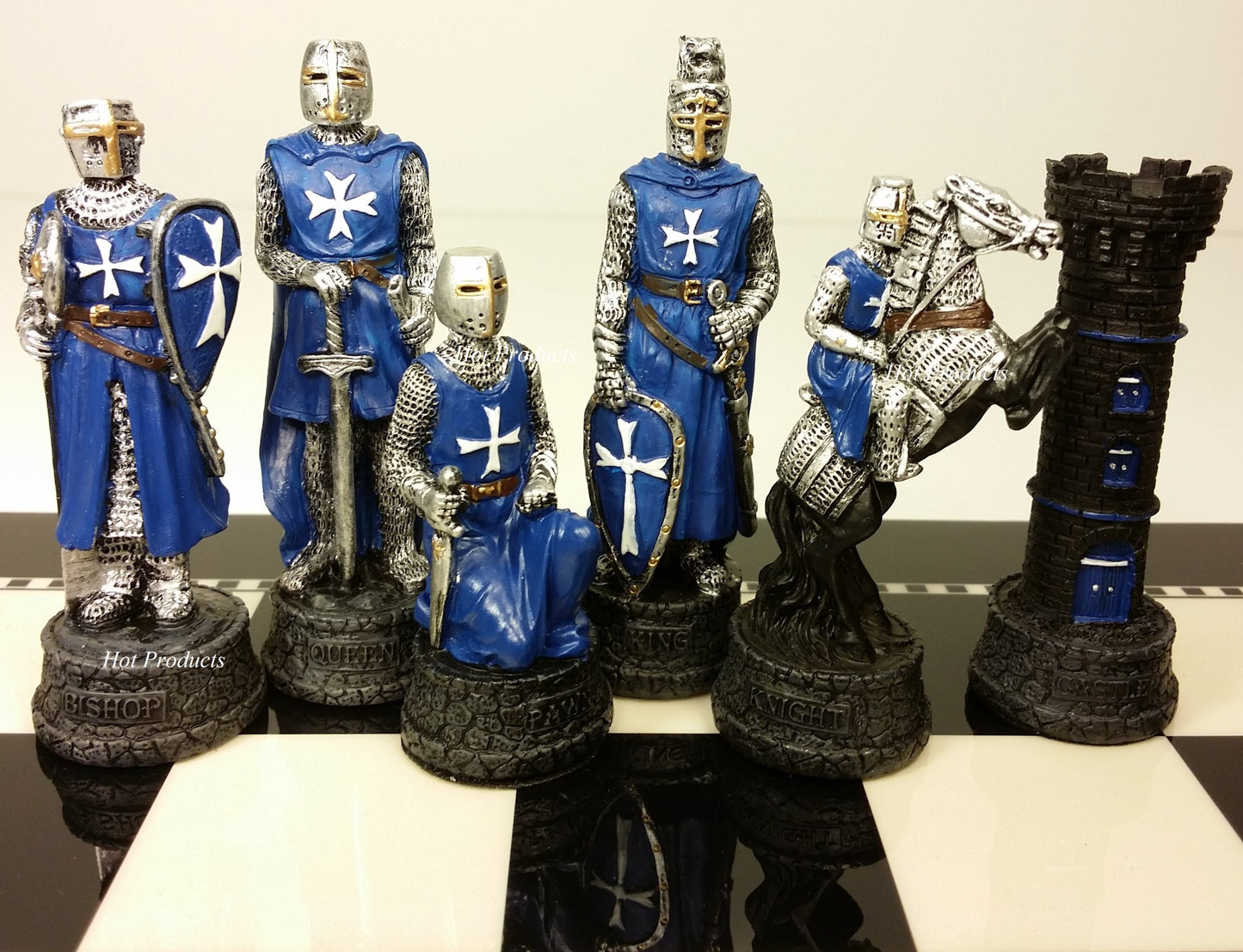 Medieval Times Crusade BLUE WHITE Maltese Knight CHESS SET 15" BLACK WHITE Board