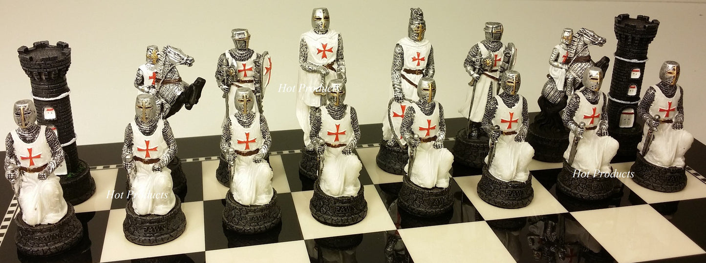 Medieval Times Crusade BLUE WHITE Maltese Knight CHESS SET 15" BLACK WHITE Board