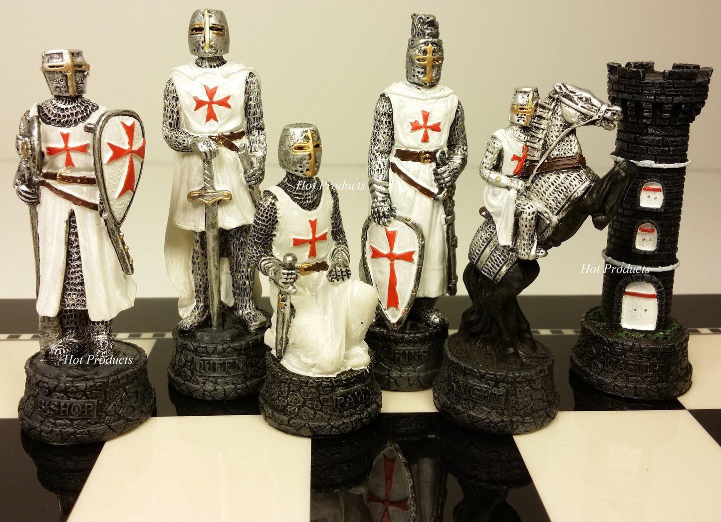 Medieval Times Crusade BLUE WHITE Maltese Knight CHESS SET 15" BLACK WHITE Board