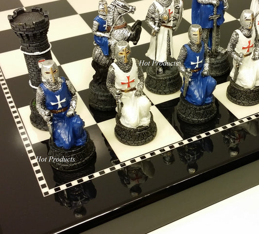 Medieval Times Crusade BLUE WHITE Maltese Knight CHESS SET 15" BLACK WHITE Board