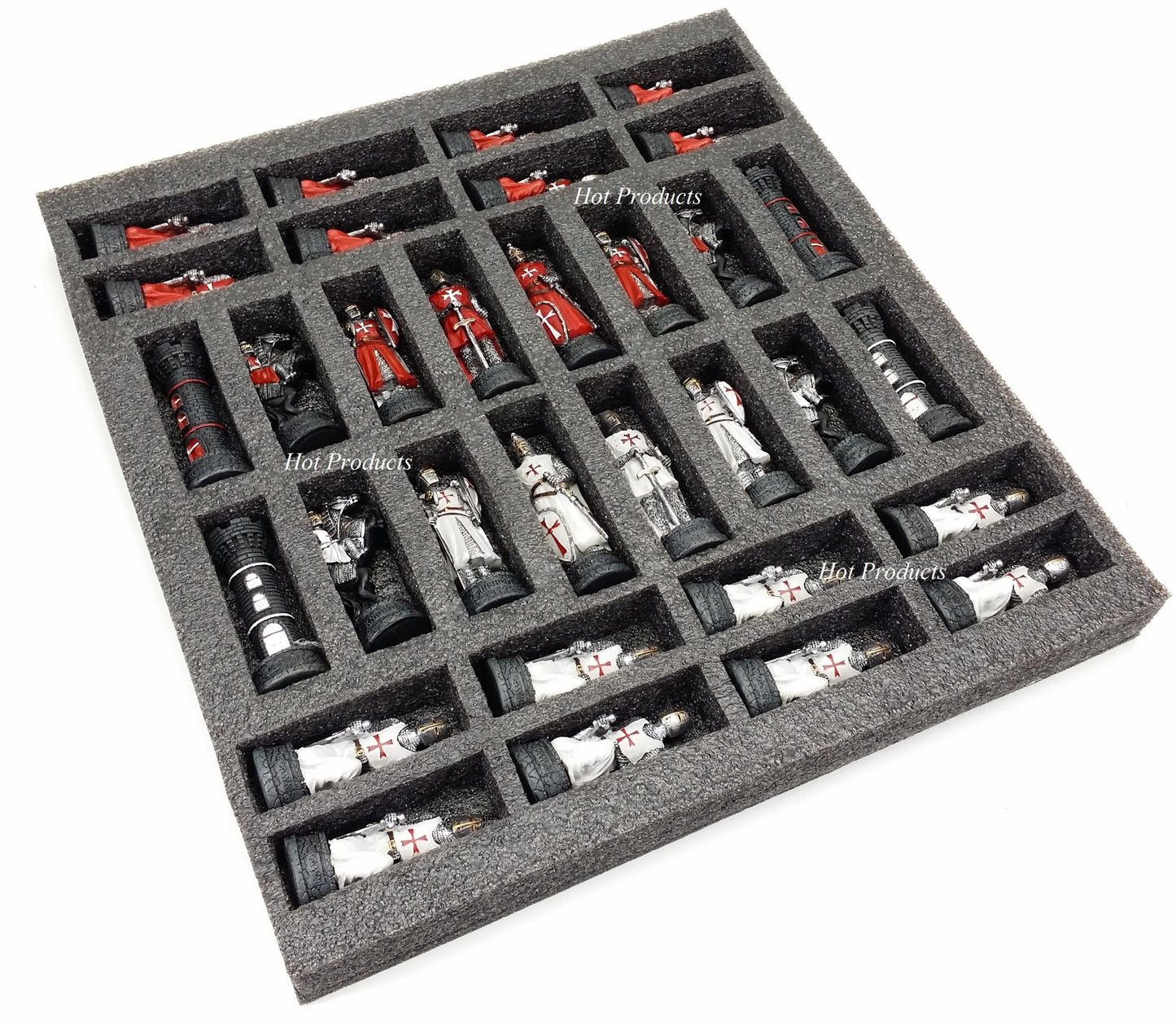 Medieval Times Crusades Red & White Maltese Chess Set Black Faux Leather Board