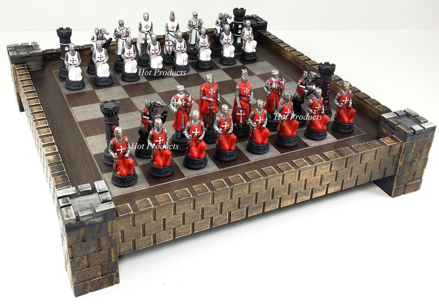 Medieval Times Crusades Red & White Maltese Knight Chess Set 17" Castle Board