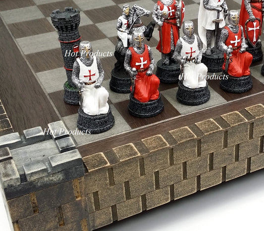Medieval Times Crusades Red & White Maltese Knight Chess Set 17" Castle Board