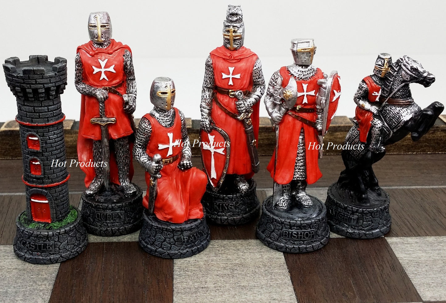 Medieval Times Crusades Red & White Maltese Knight Chess Set 17" Castle Board