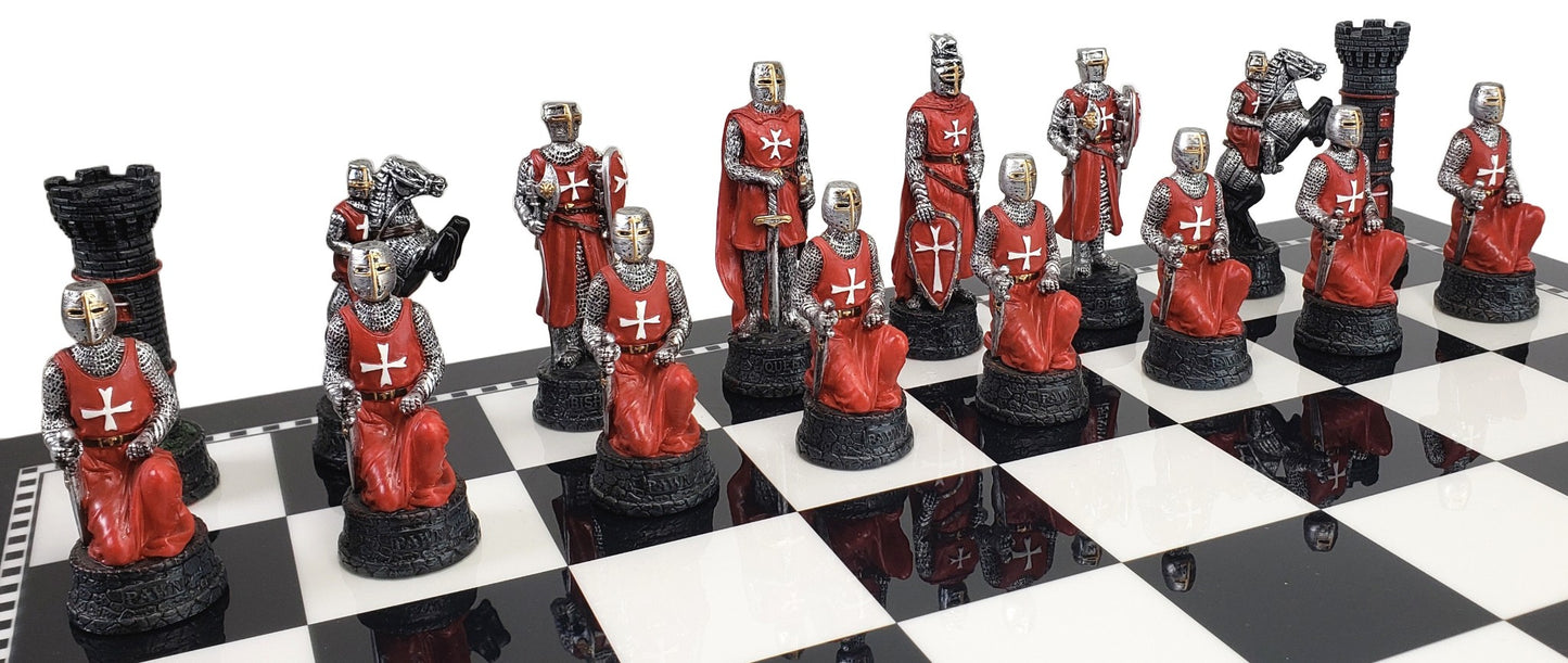 Medieval Times Crusades RED & BLUE MALTESE Chess Set Black White Storage Board