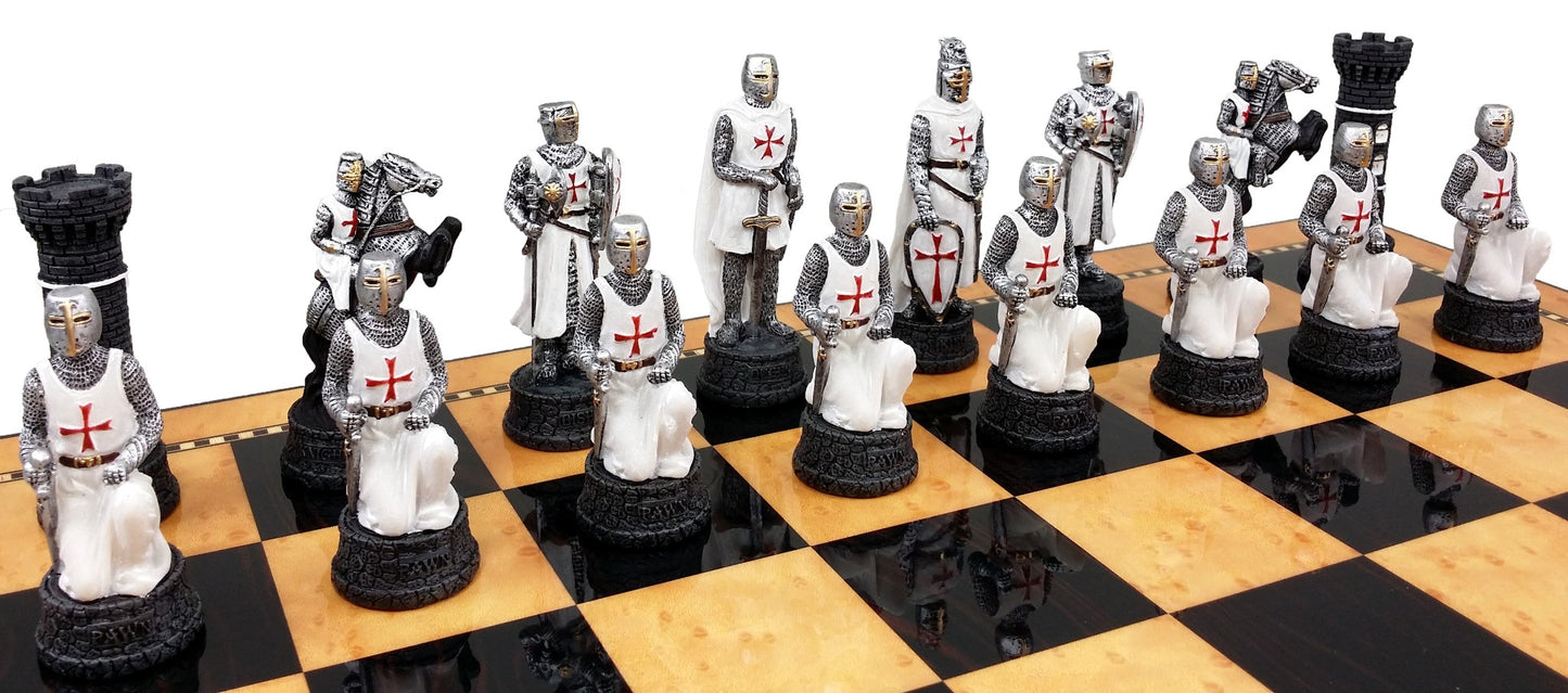Medieval Times Crusades WARRIOR Red & White Chess Set W/ 18" Walnut COLOR Board