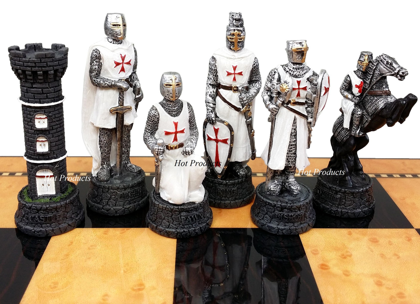 Medieval Times Crusades WARRIOR Red & White Chess Set W/ 18" Walnut COLOR Board