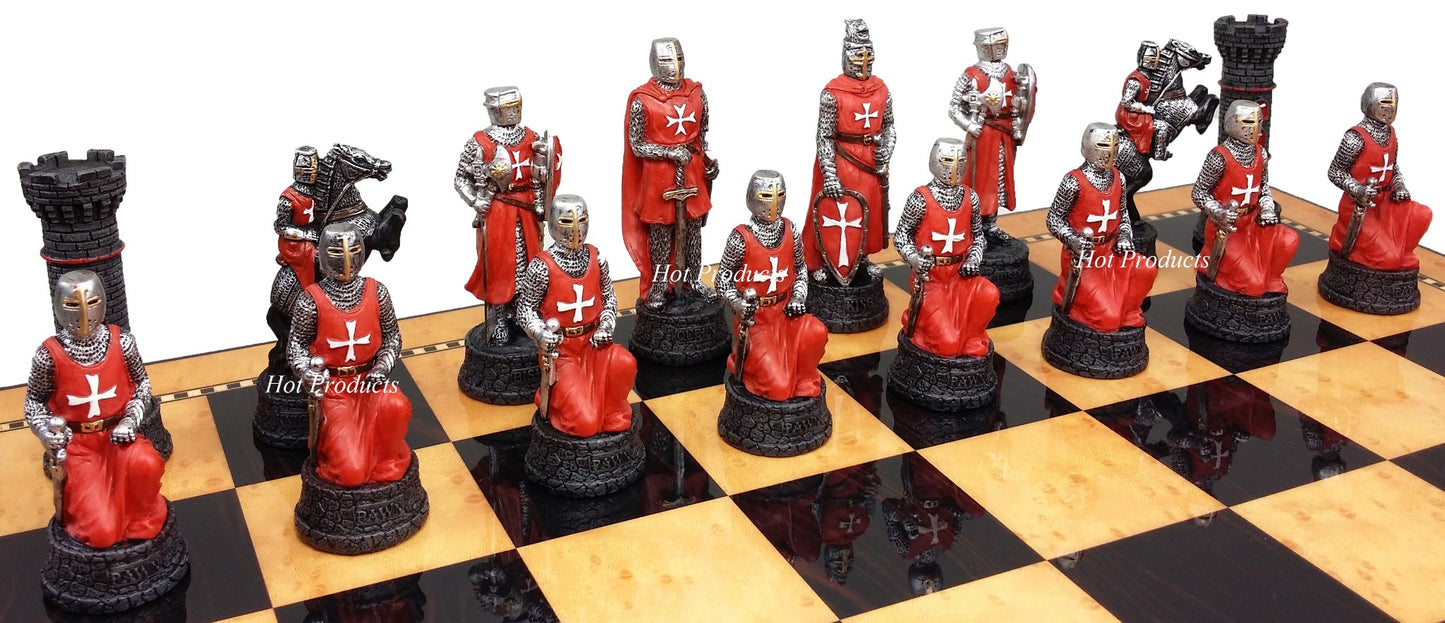 Medieval Times Crusades WARRIOR Red & White Chess Set W/ 18" Walnut COLOR Board