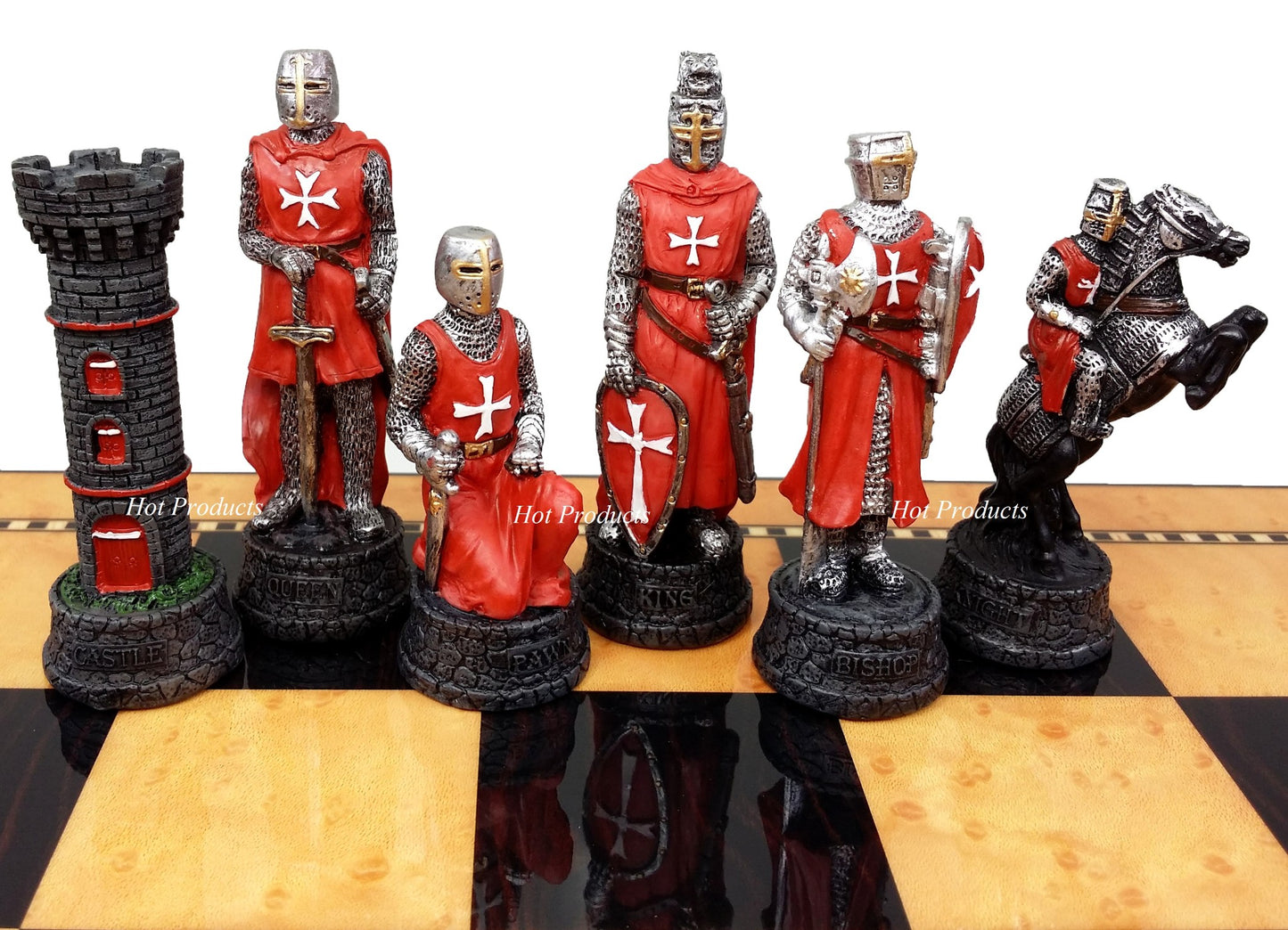 Medieval Times Crusades WARRIOR Red & White Chess Set W/ 18" Walnut COLOR Board