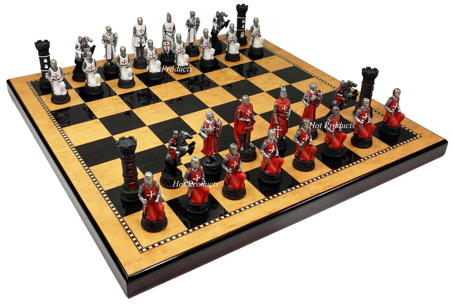 Medieval Times Crusades WARRIOR Red & White Chess Set W/ 18" Walnut COLOR Board