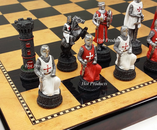 Medieval Times Crusades WARRIOR Red & White Chess Set W/ 18" Walnut COLOR Board