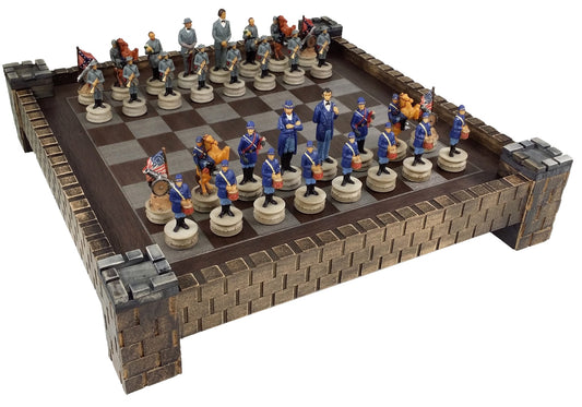 American US Civil War Generals Painted Chess Set W/ 17" Fortress Castle Board