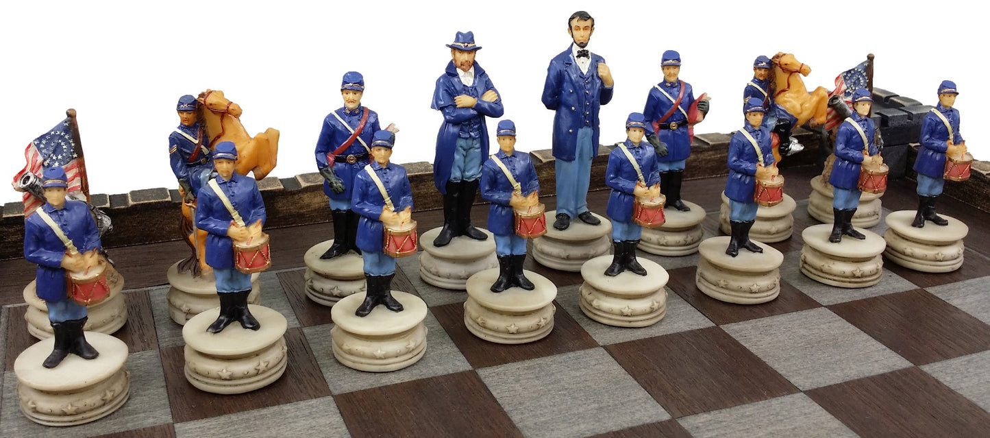 American US Civil War Generals Painted Chess Set W/ 17" Fortress Castle Board