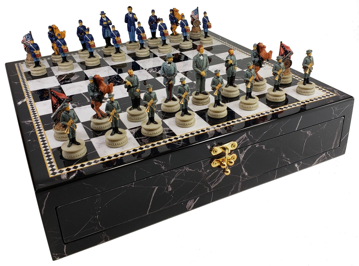 US Civil War Generals Chess Set With 17" Black & White Faux Marble Storage Board