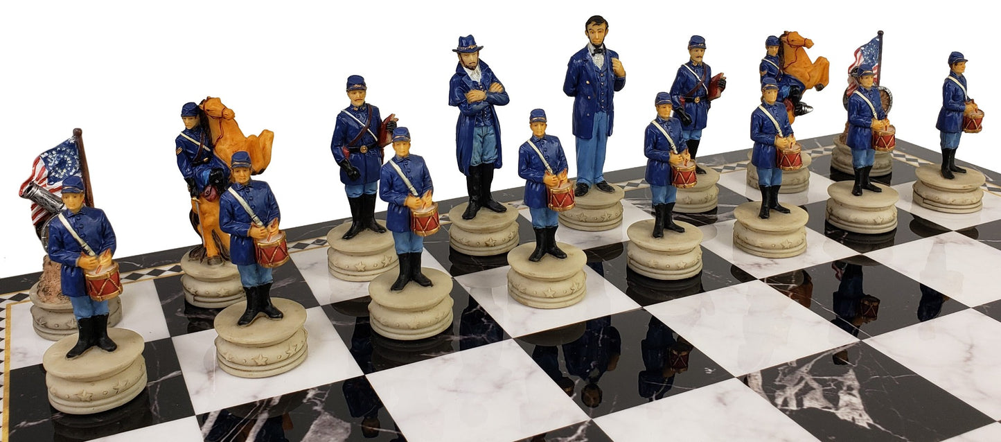 US Civil War Generals Chess Set With 17" Black & White Faux Marble Storage Board