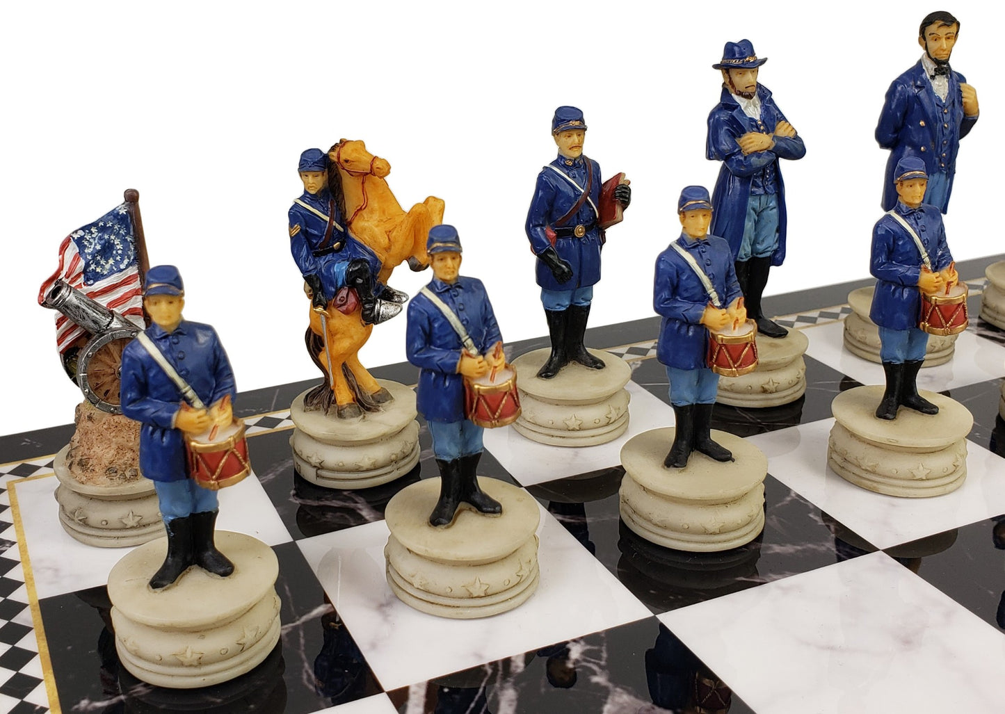 US Civil War Generals Chess Set With 17" Black & White Faux Marble Storage Board