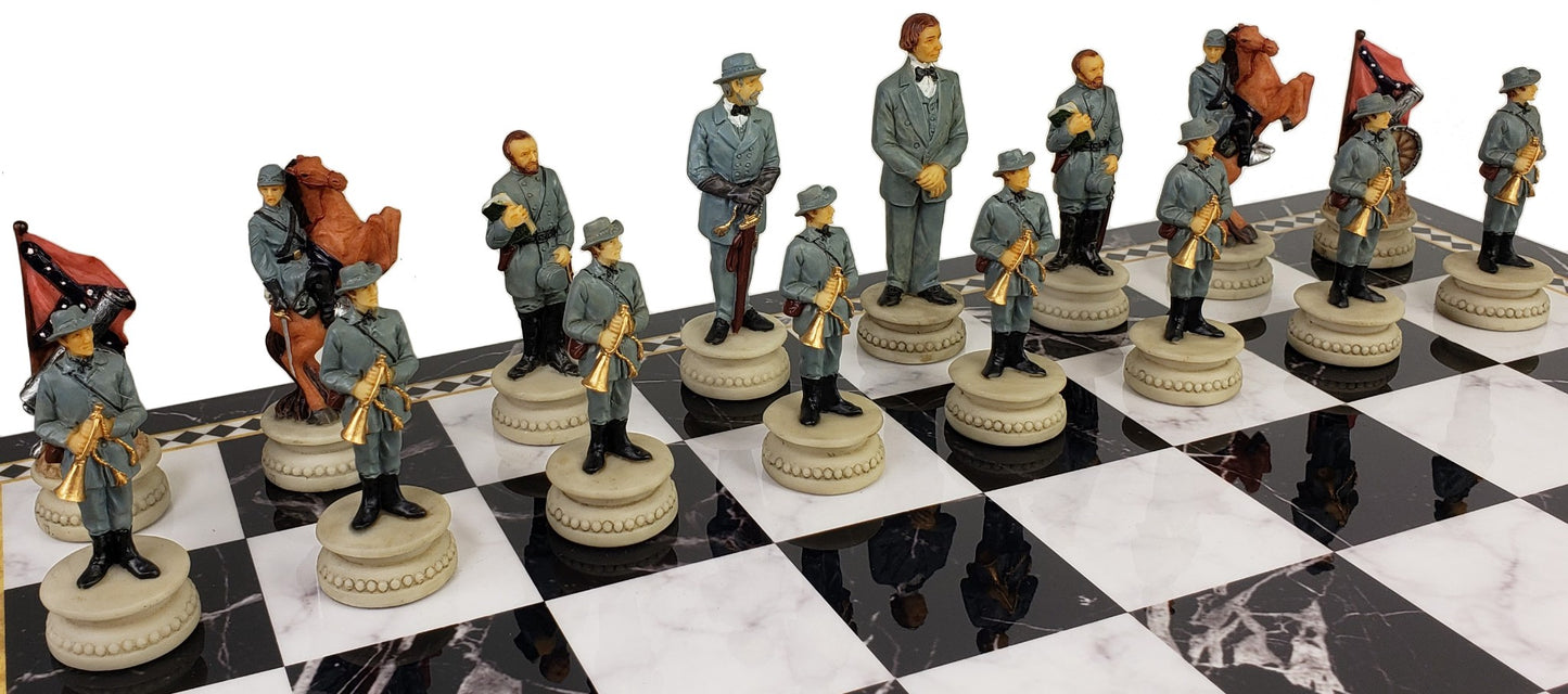 US Civil War Generals Chess Set With 17" Black & White Faux Marble Storage Board