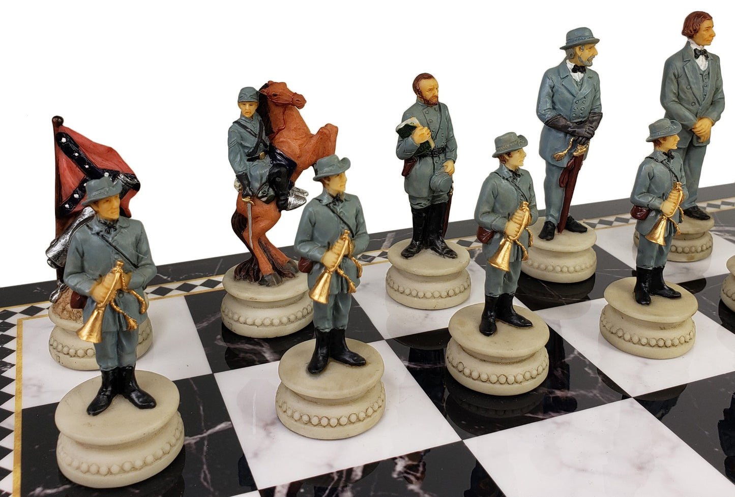 US Civil War Generals Chess Set With 17" Black & White Faux Marble Storage Board