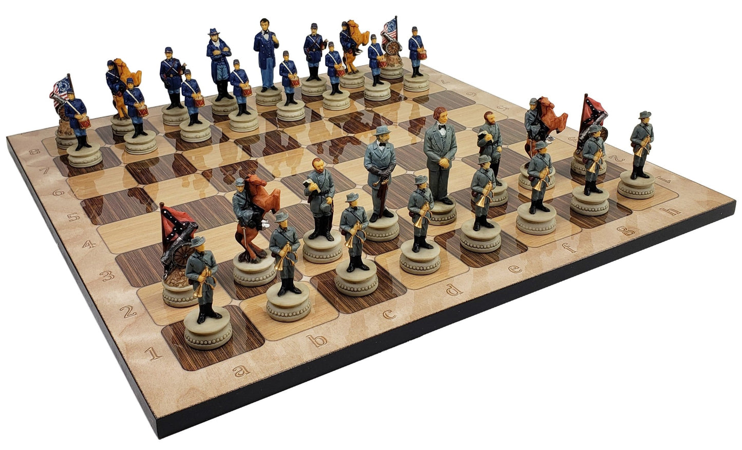 US American Civil War Generals Painted Chess Set W/ 17" Rustic Color Board