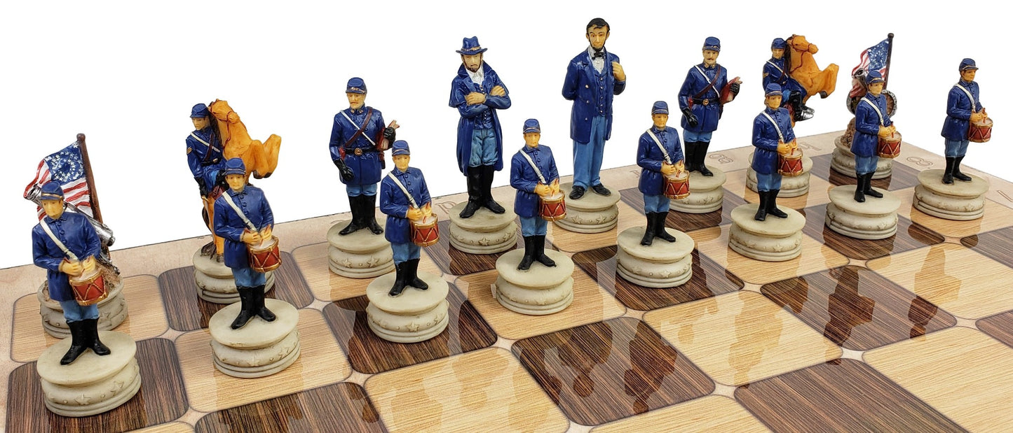 US American Civil War Generals Painted Chess Set W/ 17" Rustic Color Board