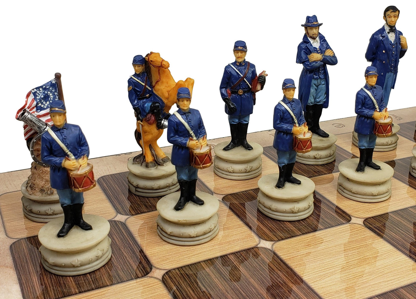 US American Civil War Generals Painted Chess Set W/ 17" Rustic Color Board