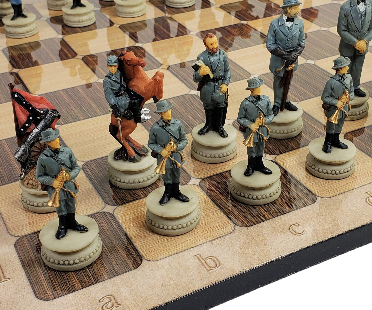 US American Civil War Generals Painted Chess Set W/ 17" Rustic Color Board