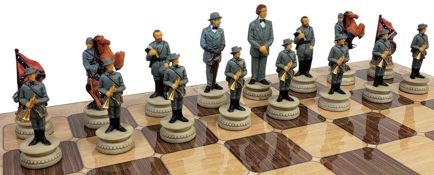 US American Civil War Generals Painted Chess Set W/ 17" Rustic Color Board