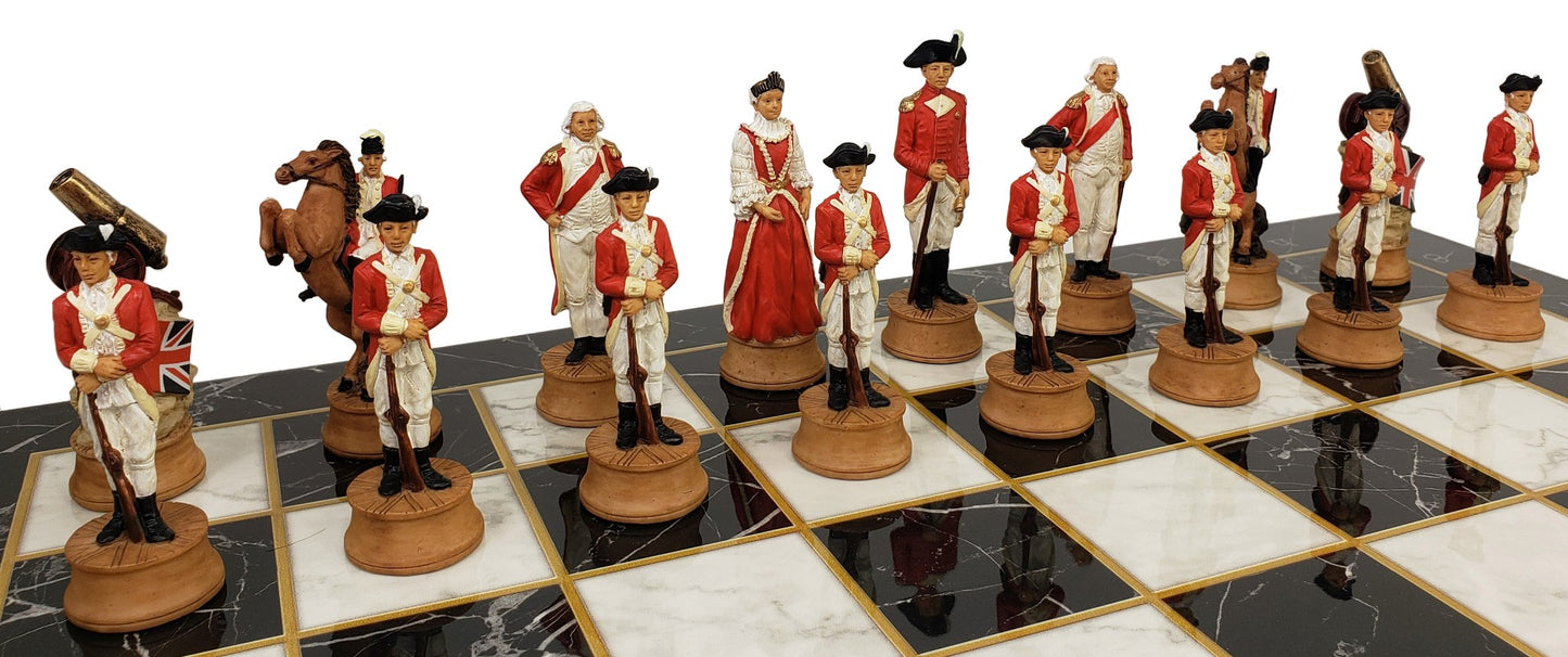 American Revolutionary War Chess Set W/ 17" Black Faux Marble Board Revolution