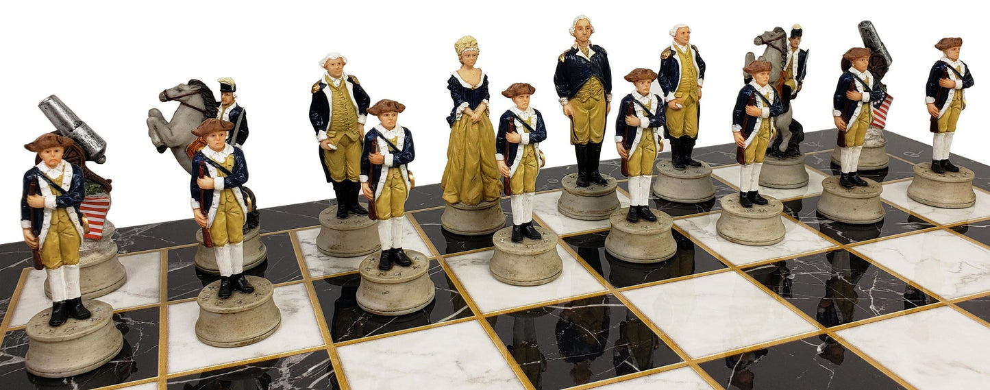 American Revolutionary War Chess Set W/ 17" Black Faux Marble Board Revolution