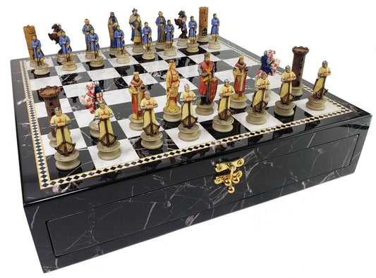 Medieval Times Crusades Arabian Christian Chess Set Black Faux Marble Storage BD