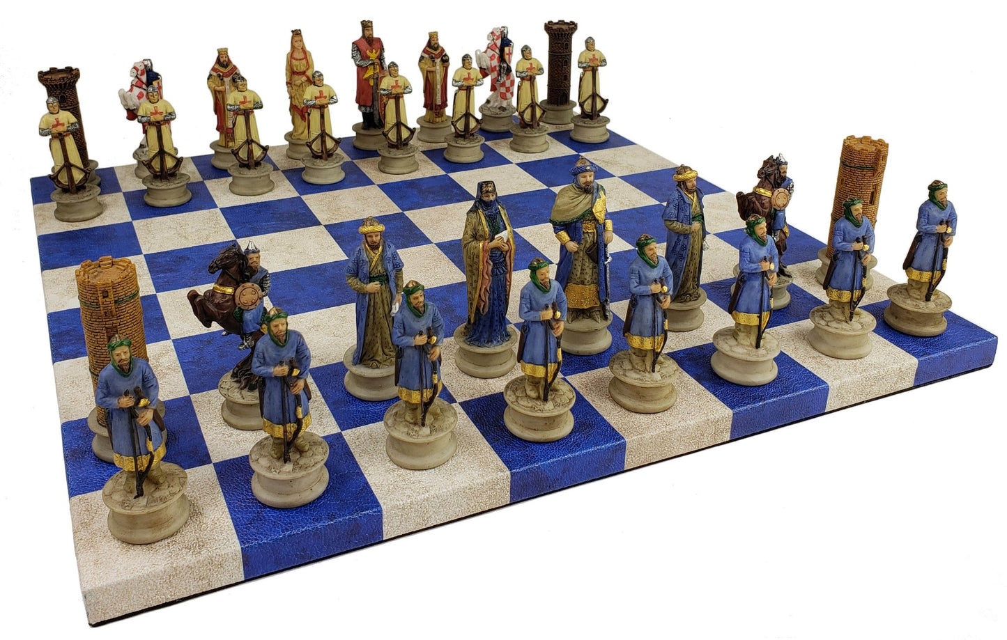 Medieval Times Crusades Arabian Vs Christian Chess Set 14.5 Blue Faux Leather Bd