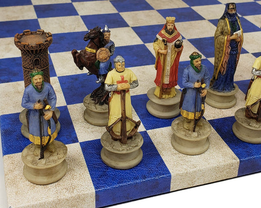 Medieval Times Crusades Arabian Vs Christian Chess Set 14.5 Blue Faux Leather Bd