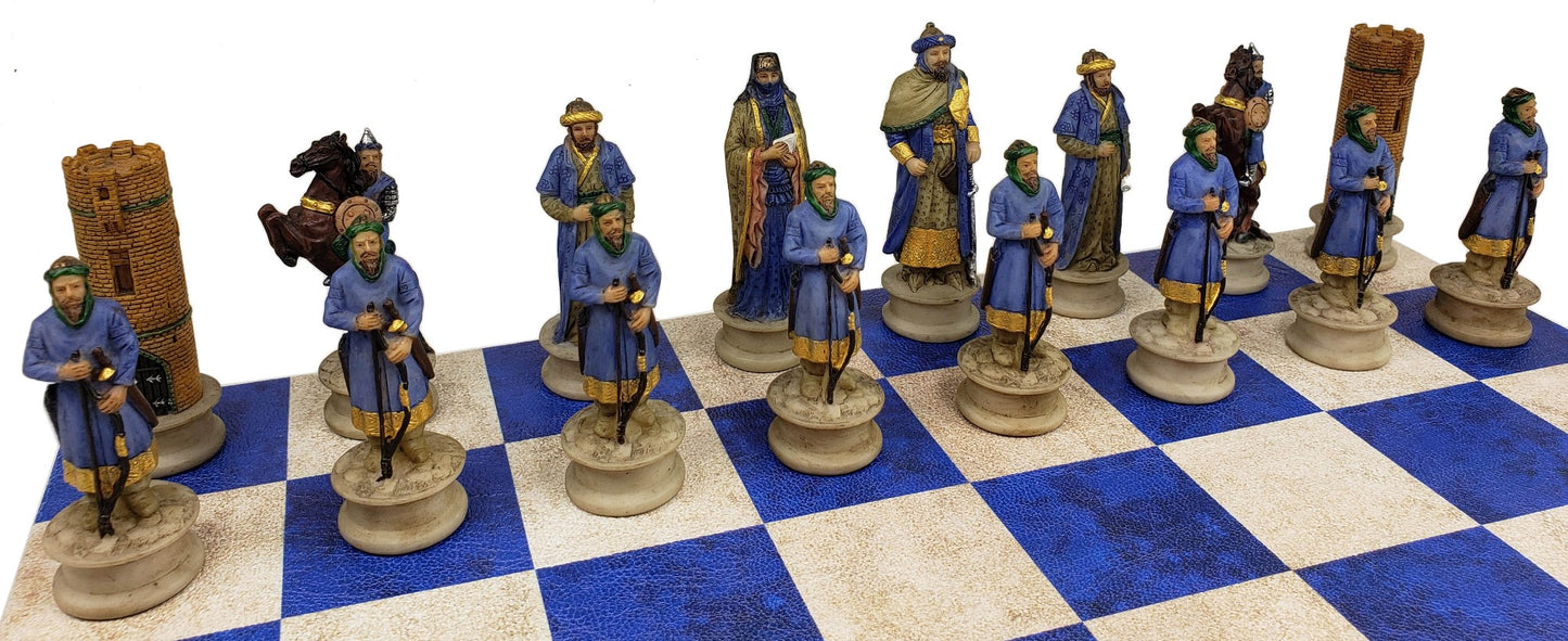 Medieval Times Crusades Arabian Vs Christian Chess Set 14.5 Blue Faux Leather Bd