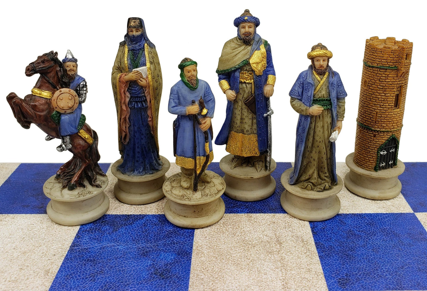 Medieval Times Crusades Arabian Vs Christian Chess Set 14.5 Blue Faux Leather Bd