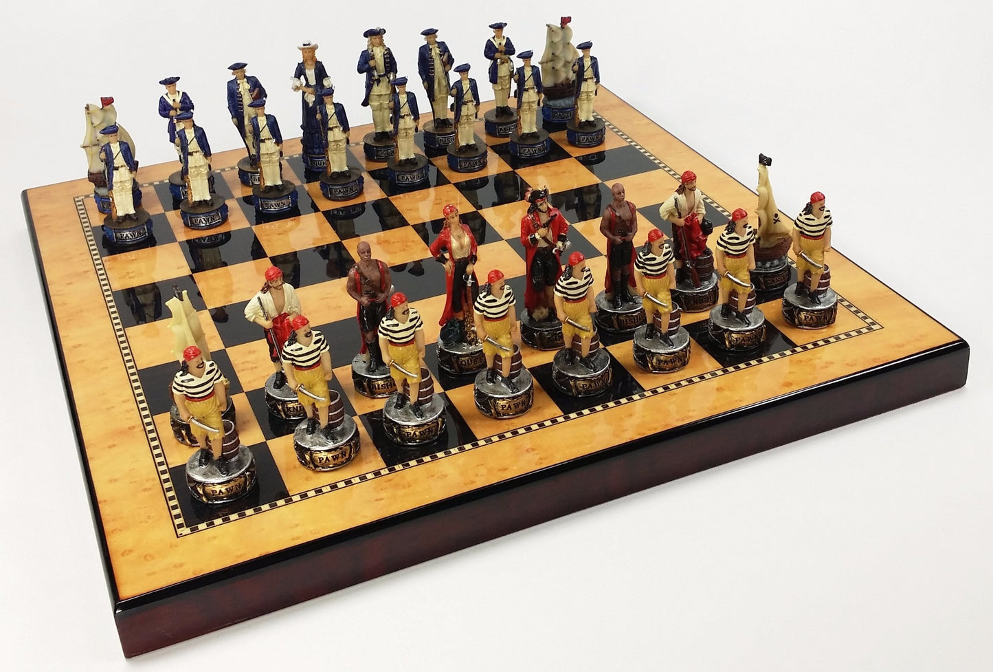 Pirates Vs Royal Navy Pirate Chess Set W 15" Maple & Walnut Color Board