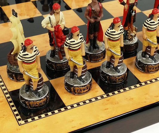 Pirates Vs Royal Navy Pirate Chess Set W 15" Maple & Walnut Color Board