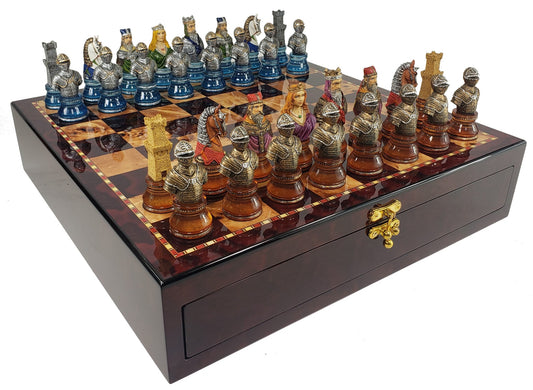 Medieval Times Crusades Red Blue Busts Chess Set 17" Cherry Color Storage Board