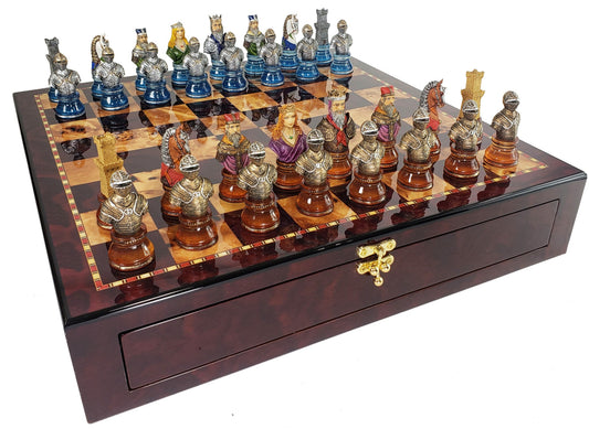 Medieval Times Crusades LG Red Blue Busts Chess Set 20" Cherry Color STORAGE BD