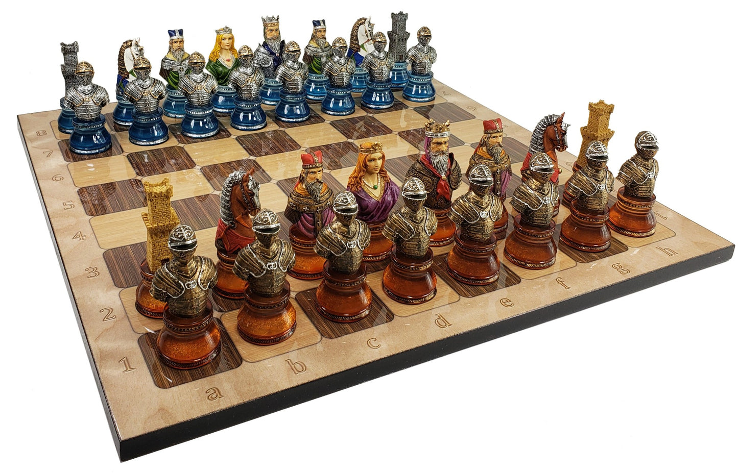 LARGE Medieval Times CRUSADE Red & Blue Busts chess Set W 17" Rustic Board