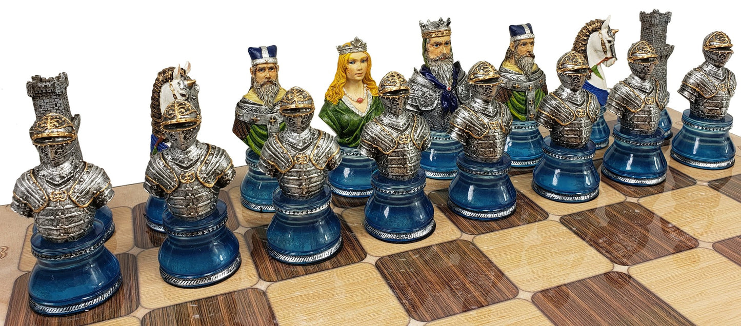 LARGE Medieval Times CRUSADE Red & Blue Busts chess Set W 17" Rustic Board