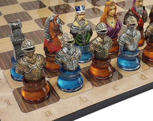 LARGE Medieval Times CRUSADE Red & Blue Busts chess Set W 17" Rustic Board