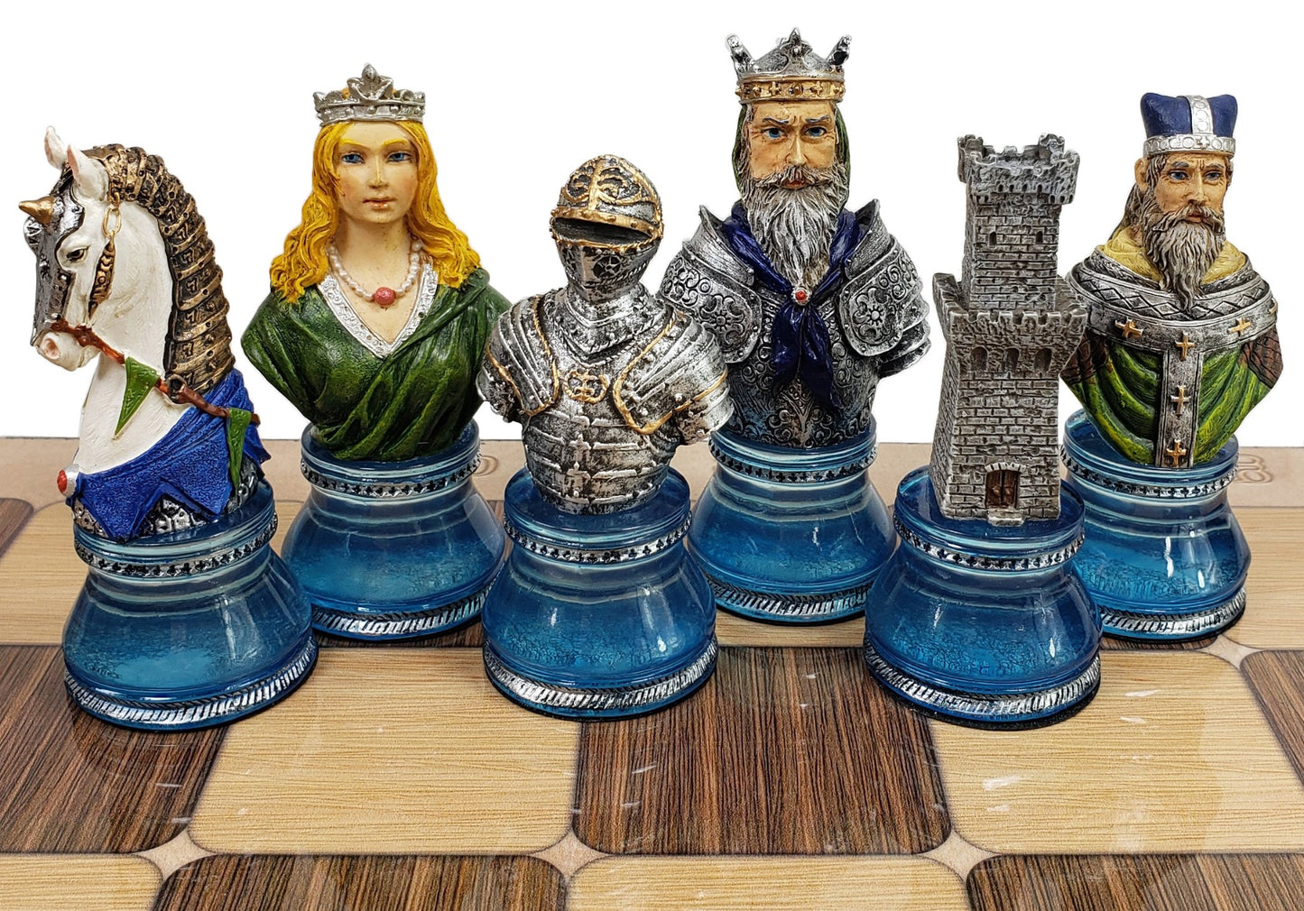 LARGE Medieval Times CRUSADE Red & Blue Busts chess Set W 17" Rustic Board