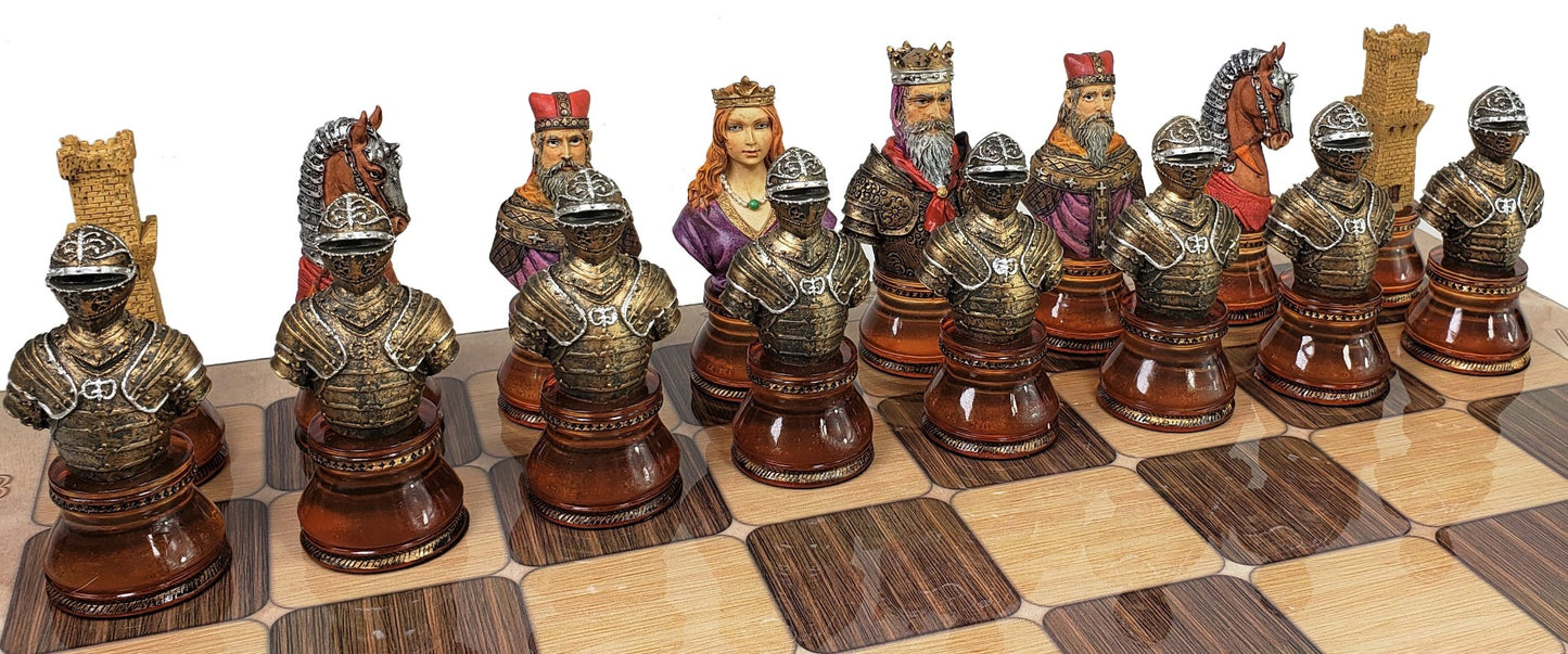 LARGE Medieval Times CRUSADE Red & Blue Busts chess Set W 17" Rustic Board