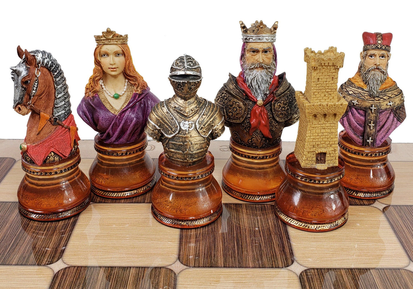 LARGE Medieval Times CRUSADE Red & Blue Busts chess Set W 17" Rustic Board