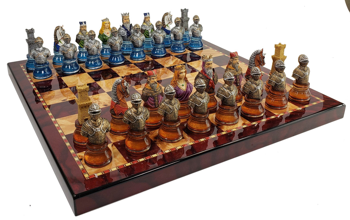 Medieval Times Crusades LARGE Red & Blue Busts CHESS SET 18" Cherry Color Board