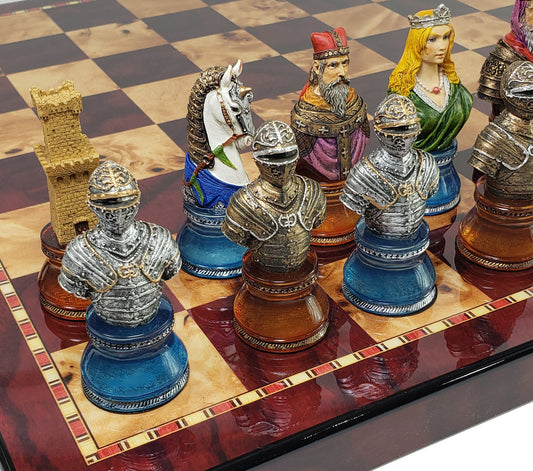 Medieval Times Crusades LARGE Red & Blue Busts CHESS SET 18" Cherry Color Board